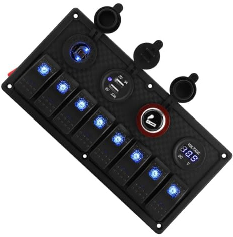 STOBAZA Panneau de Commutation Gang Étanche avec Voltmètre Numérique Prise Allume-cigare et Double USB Protection Surtensions pour Voitures Bateaux Camions et Camping-cars