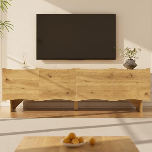 Merax TV-Schrank 155x36x47 cm, mit Wellenmuster, moderner Medienkonsole mit 4 Türen, viel Stauraum für Geräte & Deko, stilvolles Möbel für Wohnzimmer, Holzfarbe