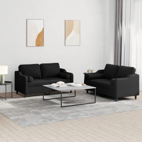 Ordellia 2-TLG. Sofagarnitur Schwarz aus strapazierfähigem Stoff, Bequeme Polsterung, robuste Metall- und Sperrholzrahmen, inklusive Rollkissen, für Wohnzimmer