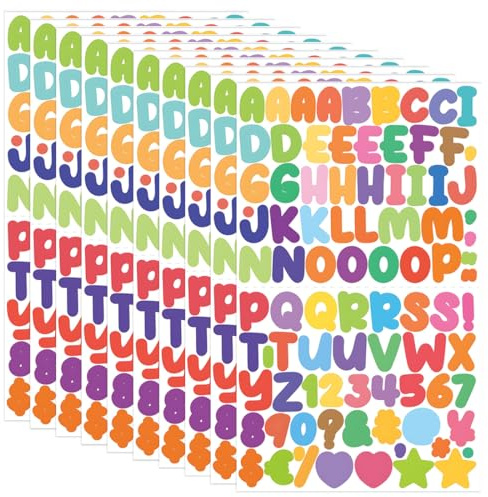 LONZIKP 1000 pezzi (10 fogli) Kit di lettere e numeri in vinile autoadesivo, vinile impermeabili, adesivi murali alfabeto, stickers alfabeto, adatti per scrapbooking, bottiglia, auto (Colorato)