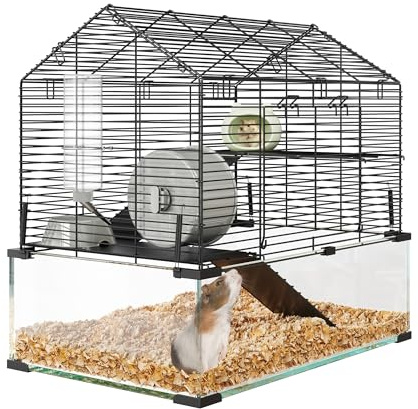 Garvee Grand Cage à Hamster 3 Niveaux, Fond en Verre trempé Profond – Habitat Transparent avec Roue d'exercice, maisonnette, biberon, gamelle – Convient Hamster syrien, Nain, Gerbille, Souris, Cochon
