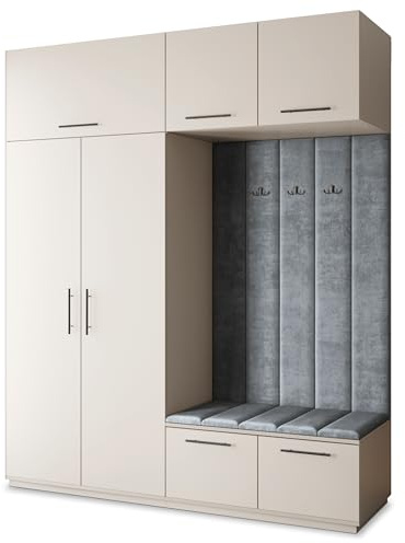 Masseno Flugarderoben Set Rema, Kleiderschrank-Set mit Sitzbank, Garderobenschrank Flur mit 5 Regalböden, Kaschmir