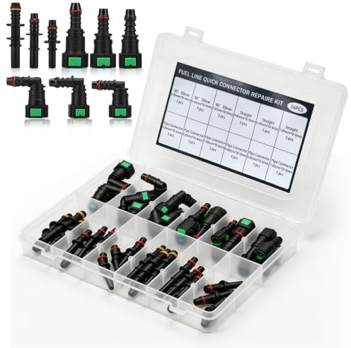 Kit de 36 Raccords Rapides pour Conduite de Carburant 9 tailles | Kit de Connecteurs pour Durite d’essence 9,89 mm, 9,49 mm et 7,89 mm, ID 8 mm, Raccords Droits et Coudés pour Voiture et Moto