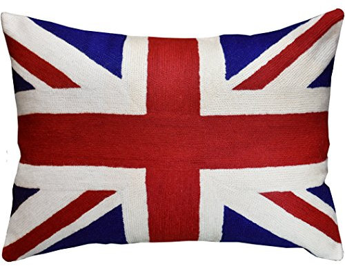 Kashmir Designs Kissenbezug mit britischer Flagge im Lendenwirbelbereich, britische Flagge, Kissen mit Union-Jack-Motiv, rot, patriotisches Kissen, handbestickte Wolle, Größe 35.6 x 50.8 cm