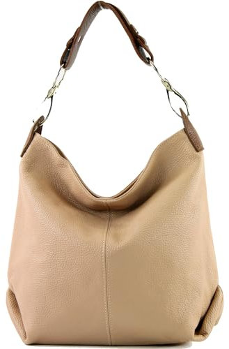 modamoda de T168 Damen Leder Schultertasche Henkeltasche Medium handmade in Italy, Farbe:Beige/Braun