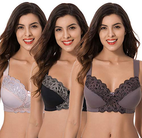 Curve Muse Grande Taille Non doublé Minimiseur Soutiens-Gorge sans Fil avec Dentelle brodée-Paquet de 3-Rose,Noir,Gris-115G/EU 100G