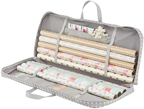 mDesign Tragetasche für Geschenkverpackung – Ordnungssystem für Geschenkpapierrollen mit 1 Fach für Geschenkbänder und Schleifen aus Kunstfaser – tragbarer Geschenkpapier Organizer mit Griffen – grau