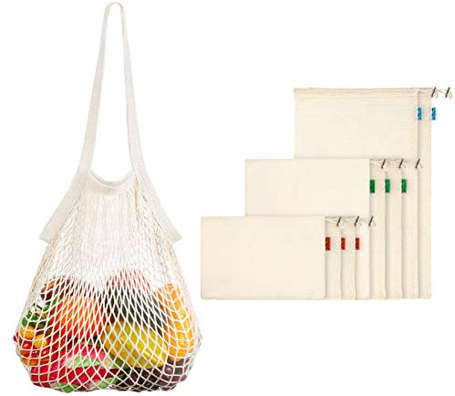 Viedouce 9 Pezzi Sacchetti Frutta Verdura Riutilizzabili,Sacchetti Riutilizzabili Cotone per Alimenti Spesa,Borse Prodotti Riutilizzabili Sacchetti Rete,Lavabile