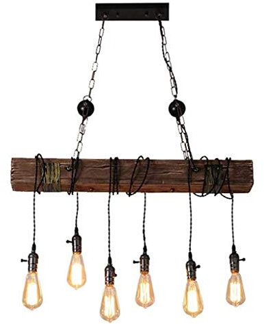 Retro Wood Pendant Light Industrial Rustic Hanging Lamp E27 Vintage Wooden Suspension Lamp Fixture Height Adjustable Farmhouse Dining Table Chandelier Living Room Kitchen Bar Lighting,6 heads/Ø80cm