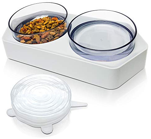 PrettyCat Futternapf Katzen Grau rutschfest | Doppelnapf für Futter und Wasser, 260 ml pro Napf | Einfache Reinigung - Da spülmaschinengeeignet | Zwei abnehmbare Schalen + Passenden Silikon Deckel
