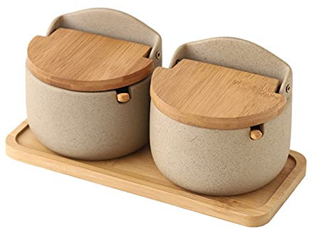 JasCherry 2Pcs/Set Pot à Épices en Céramique de Style Japonais Ensemble Combiné de Pots D'assaisonnement de 300ml Avec 2 Cuillères et un Couvercle en Bois 29 * 9,8cm Base en Bois Outils de Cuisine