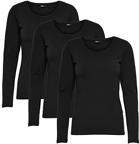 ONLY Longsleeve Damen-Shirt in Schwarz Oberteil aus 95% Baumwolle 5% Elasthan, atmungsaktives Basic Shirt zum Kombinieren