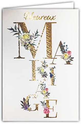 AFIE 63-1151 Carte Heureux Mariage - Félicitations en Or Doré Brillant Scintillant - Enveloppe Incluse - Bohême Chic Fleurs séchées Eucalyptus Roses Pivoines - Fabriquée en France