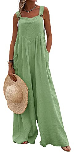 YILEEGOO Cotton Linen Dungarees for Women, Ladies Casual Overalls Baggy Wide Leg Pants Jumpsuit Playsuit (A-Green, Small)