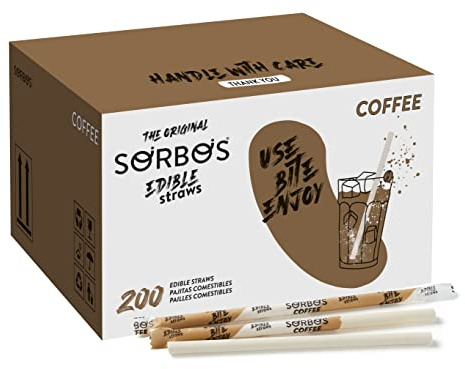 Sorbos Lot de 200 pailles comestibles, aromatisées au café, durables, emballées individuellement, sans plastique, sans allergènes, sans gluten, sans PFAS, respectueuses de l'environnement, 18,8 cm de