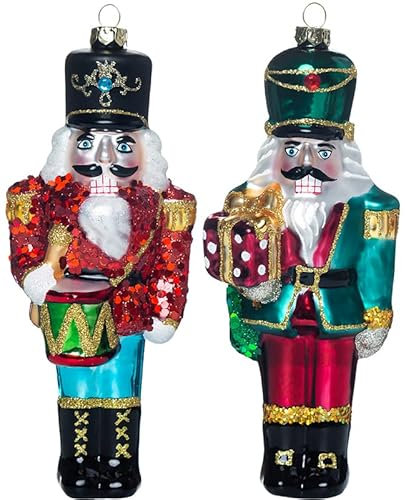 Set of 2 Blown Glass Nutcracker Christmas Trees Ornaments, Nutcrackers with Drum and Gift Box