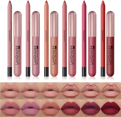 12Pcs Lip Liner und Lippenstift Set, 6 samtig matte flüssige Lippenstifte + 6 passende glatte Lip Liner Makeup Kit, wasserdichtes langanhaltendes Makeup Geschenk Set