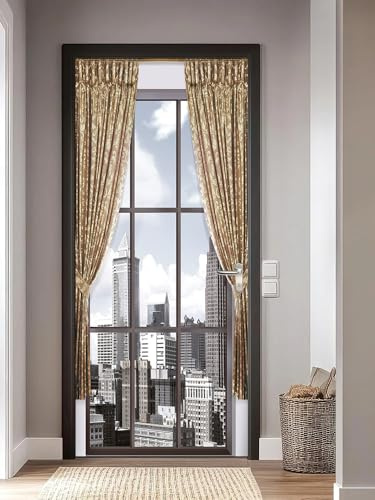 FLFK 3D Vista dalla finestra della città Autoadesiva Adesivo per porta 77x200cm(Set di 2 fogli)-Murale Foto Adesivo da parete decalcomania Salotto Camera da letto arredamento