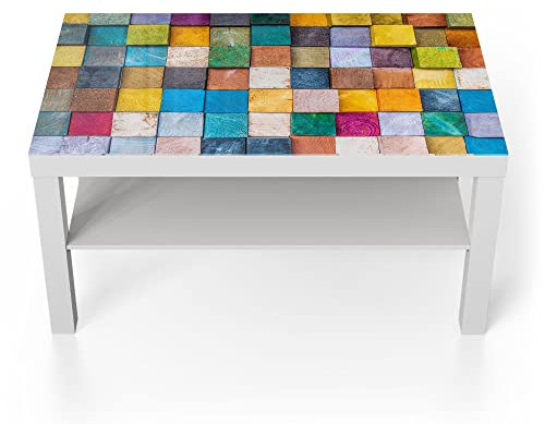 DEQORI Glastisch | weiß groß 90x50 cm | Motiv Buntes Holzmosaik | ausgefallener Beistelltisch aus Glas | Hochglanz Couchtisch fürs Wohnzimmer | moderner Couch Tisch mit Design