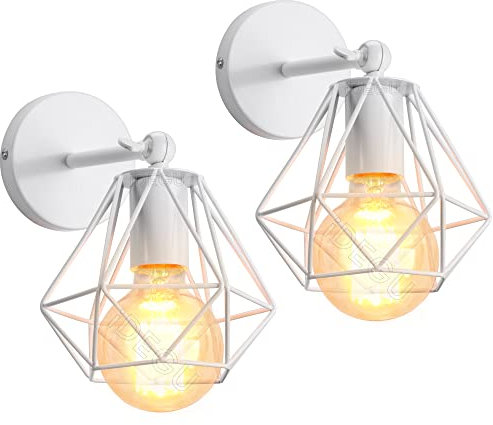 iDEGU 2 Stück Wandleuchten, Vintage Wandlampe Innen im Industrie Design 16cm Käfig Lampenschirm Weiß aus Metall Verstellbare Deckenleuchte Wandleuchte für Schlafzimmer Küche Flur