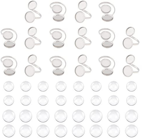 UNICRAFTALE 16 Sets DIY Manschettenring Set Größe 7 3/4 Offener Manschettenring Lünette Tablett 304 Edelstahl Fingerring Doppeltablett Cabochon Ringbasen Mit Glascabochons Für Die Ringherstellung