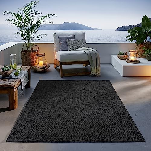 TacaHome Outdoor Teppich I Wetterfest Für Drinnen und Draußen I Terrasse Balkon Garten Wohnzimmer Badezimmer Küche I Sisal Optik Boho | 200 x 280 cm Anthrazit