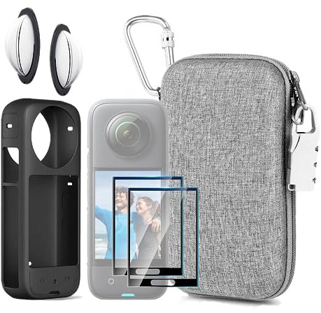 LEWOTE 7-in-1-Zubehör-Set für Insta360 X3, Silikon-Kameratasche, Objektivschutzfolie, Displayschutzfolie, Outdoor-Tragetasche mit automatischer Verriegelung und Anti-Verlust-Verriegelung, grau,
