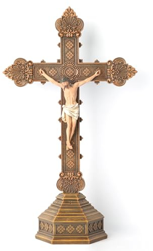 BC Katholisches Kruzifix, stehendes Kreuz, Tisch-Kruzifix für Altar, Jesus Christus, Heimdekoration, religiöses Geschenk, realistisches Finish, 37,3 cm hoch, handbemalt von Buildclassic