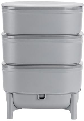 Wurmkomposter kaufen, Klein & Indoor, Wurmkiste für Balkon & Garten, Starterset + Zubehör (Mit Würmer + Zusatzetage, Grau)