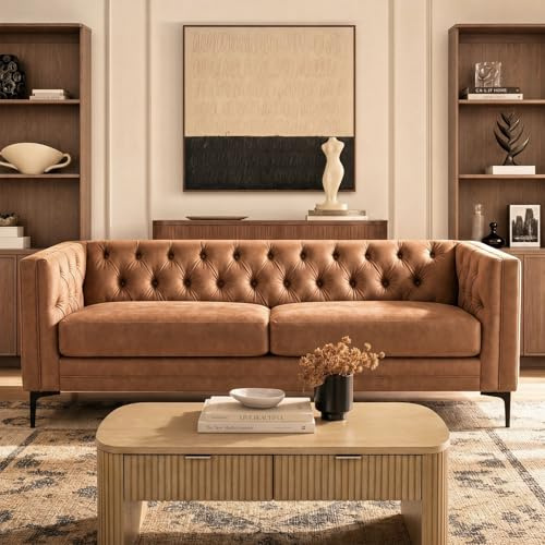 HULALA HOME Faux Leather Large Sofa Couch with Metal Legs, Button-Tufted 3-Seater, Mid Century Modern Contemporary Upholstered for Living Room, Entertainment Area Apartment, Camel