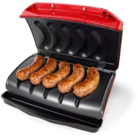 Nostalgia Game Day Sausage and Brat Elektrogrill mit 5 Gliedern, mit Ölauffangschale, Tragegriff und Kabelaufbewahrung, kocht Rind, Truthahn, Huhn, Gemüsewürste oder Hot Dogs