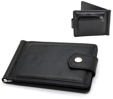 Portafoglio da uomo ragazzo alta qualità ultra slim sottile in ecopelle con clip molla fermasoldi porta carte 6 tessere portamonete Bifold ferma soldi nero t. moro idea regalo in offerta (Nero)