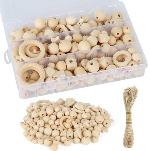 FINEASY 165 Stück Holzperlen Holzringe Set, Holzringe zum Basteln DIY Makramee, Holzkugeln mit Loch Kit, Holzperlen Natur, Holzperlen zum auffädeln Natur für DIY Schmuck Zubehör Herstellung