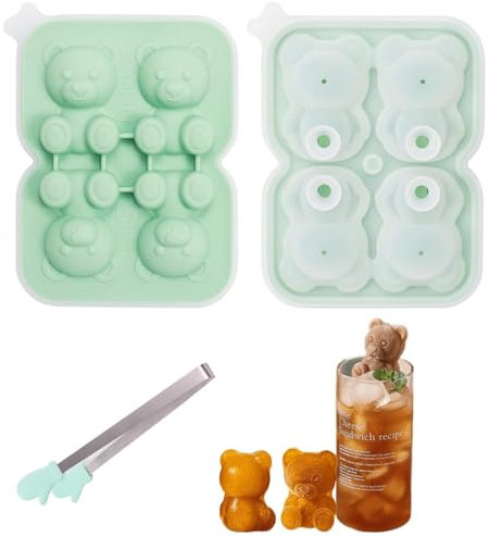 Bär Eiswürfelform, 4 Kammern Silikon Bär Eiswürfelschalen mit Deckel Süße 3D Bär Form Eisformen Silikon mit EiszangeEiswürfelform, für DIY Kaffee, Milch, Saft, Eisform