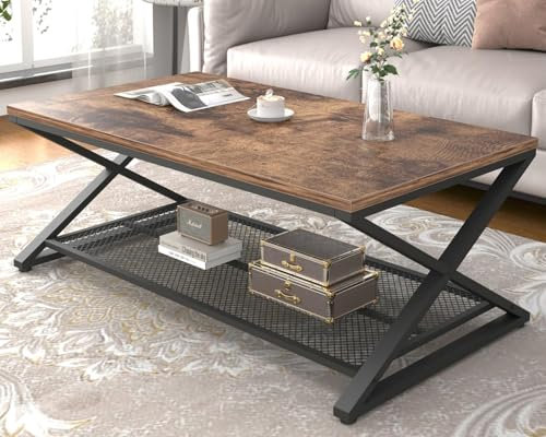 LVB Couchtisch Rechteckig, Wohnzimmertisch, Sofatisch Beistelltisch Holz Metall Wohnzimmer möbel Couchtisch, Vintage Retro Industrie Design 120x60x45 cm