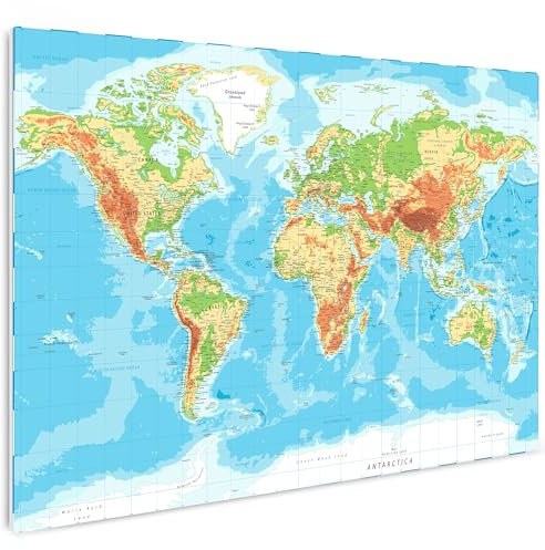 HEALANCY Bilder Weltkarte - KOMPLETT AUFHÄNGFERTIG - Wandbilder Wohnzimmer - Deko Modern - Schlafzimmer - Kunstdruck Wanddeko Küche - Karte Politische Landkarte World Map