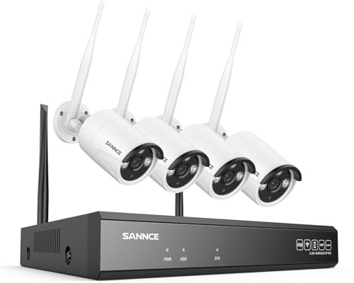 SANNCE Kit di telecamere di sorveglianza WiFi 5MP per esterni, 10CH NVR senza fili con 4 x 5 MP IP fotocamera, rilevamento umano AI, impermeabile IP66, supporta Alexa