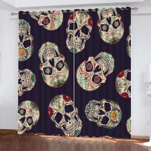 GIOVIA 3D Boho Totenkopf Vorhänge Abdunkelnde mit ösen 2 Stücks Gardinen Blickdicht Verdunkelungs Schädel Kälteschutz Scheibengardinen für Junge Mädchen Schlafzimmer B 280 X H 260 cm