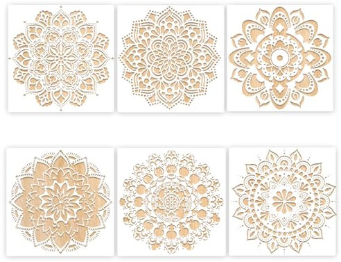 WakiHong 6 Stück Groß Mandala Painting Stencil Malerei Schablone,Mandala Wand Schablonen,Mandala Blume Schablonen Wandgestaltung Zubehör,für Leinwand Möbel Handwerk(30.5 * 30.5 cm)