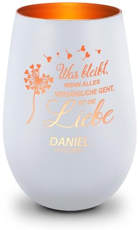 GRAVURZEILE Deko Windlicht aus Glas mit Gravur - was bleibt, wenn Alles Vergängliche geht - Personalisiert - Trauerlicht für Teelichter und Kerzen - Grabschmuck zur Beerdigung - Weiß/Bronze