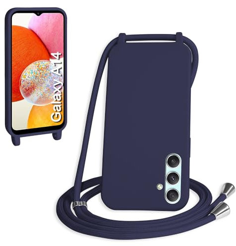 WenBaby Funda con Cuerda para Samasung Galaxy A14 5G, Líquida Silicona Carcasa con Cordón Ajustable Collar Correa de Cuello, Cubierta Prueba Golpes con Microfibra Forro (Azul Oscuro)