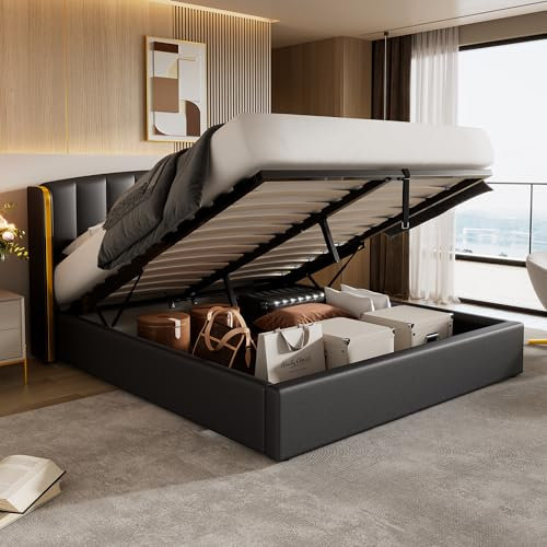 Kayan Polsterbett 180X200 cm, Bett mit Großer Stauraum & Lattenrost, Doppelbett Metall Boxspringbett Bettgestell, Goldgerandetes Ohrendesign, Kunstleder, Ohne Matratze (Schwarz, 180X200 cm)