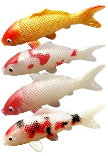 HANABASS 4pcs Artificial Koi Fish Aquarium Fish Plastic Realistic Moving Colorful Goldfish Fake Figurines Ornament Koi Decor Photography Props for Pond, Fairy Garden Fountain