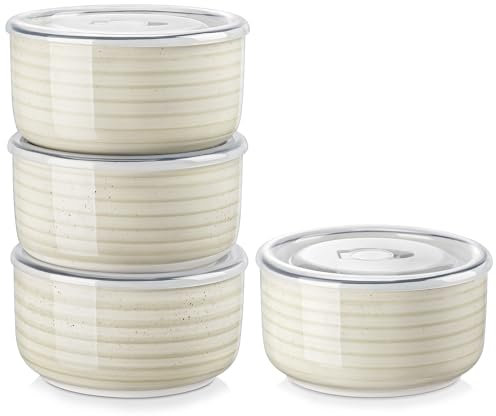 vancasso Cuenco Grande con Tapas, 1080 ML, Juego de 4 Cuencos de Gres para Pasta, Ensaladas y Sopas, Cuencos Beige, Apto para Microondas y Horno