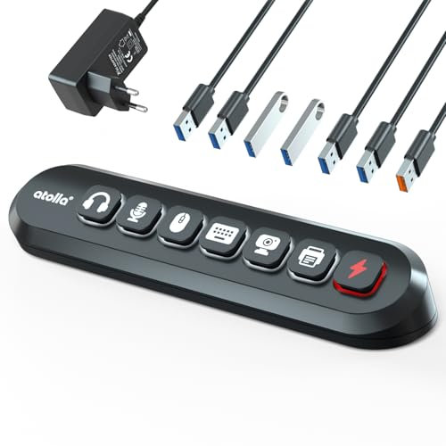 USB-Hub mit Stromversorgung, Atolla USB-Hub mit 7 Ports (6 SuperSpeed-Übertragungen + 1 Schnellladeanschluss) mit Schalter für beleuchtetes Symbol austauschbar und Adapter für 12 V/3 A für Windows,