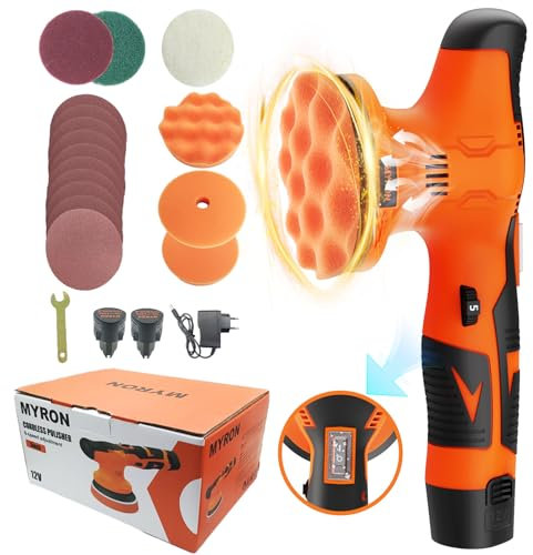 Lucidatrice Auto a Batteria, MYRON 21 Kit Lucidatrice Per Auto da 400 W con 2 Batterie da 12 V 2,0 Ah, Utilizzato Per Ceratura, Lucidatura e Pulizia dell'auto