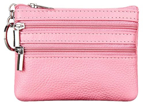 Portefeuille pour Femme en Cuir Véritable avec Anneau Porte-clés,Mini Porte Monnaie Cuir,Minimalisme Urbain Coin Purse Wallet pour Homme,Petit Portemonnaie avec Porte-clés et 3*Compartiments (Rose)