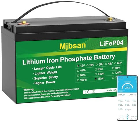 Mjbsan Batteria LiFePO4 12 V 160 Ah Deep Cycle con 150 A BMS, 4000 – 15000 cicli, max. 2048 Wh con taglio a bassa temperatura, perfetto ricambio per batterie al piombo per roulotte, campeggio, solari,