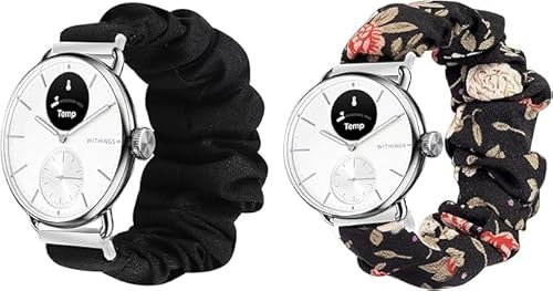 Lamshaw Bracelet Compatible avec Wit-hings Smartwatch,en Tissu Imprimé Élastique Bracelet de Montre du Wit-hings Scanwatch 18mm/20mm Smartwatch (2packs-noir+Fleur noire, 18mm)