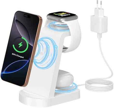 Caricatore Wireless,3 in 1 stazione di ricarica,stazione ricarica caricabatterie wireless compatibile con iPhone 16/15/14/13/12 Pro/Pro Max,Apple Watch Ultra/10/9/8/7/6/5/4/SE AirPods Pro Bianco